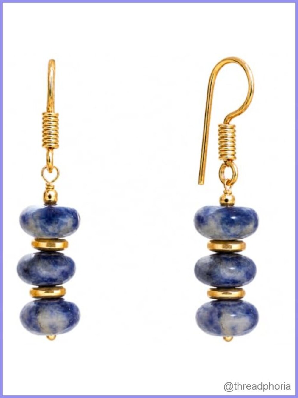 Gold Plated Dangle Earrings Real Sodalite Gemstone Boho Birthstone Drop